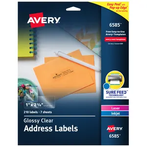 Avery Glossy Clear Address Labels, Sure Feed Technology, Laser/Inkjet, 1" x 2-5/8", 210 Labels (6585)