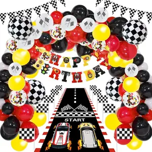 Race Car Birthday Party Supplies 124 Pcs Race Car Balloon Garland Kit with Racetrack Checked Flags Happy Birthday Banner Black and White
