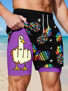Men's Double-Layer Beach Shorts, Funny Duck & Rainbow Pineapple Print Anti-Chafe Liner, Elastic Waist Drawstring Shorts for Gym, Running, Beach and Casual Wear
