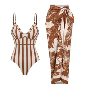 FLAXMAKER Women's Brown Stripe Print V Neck One Piece Swimsuit and Matching Cover Sarong Set Swimdress Stylish Beachwear Bathing Suit SpringStatements Swimoutfit