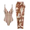FLAXMAKER Women's Brown Stripe Print V Neck One Piece Swimsuit and Matching Cover Sarong Set Swimdress Stylish Beachwear Bathing Suit SpringStatements Swimoutfit vacation swimwear for women#Summervibes #Summervibes outdoorfun #SwimWeek tiktokshopbacktosch