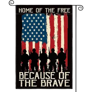 Home of The Free Because of The Brave Garden Flag 12x18in, Double-Sided Patriotic Military Yard Decor, USA Soldier Silhouette American Flag Outdoor Banner