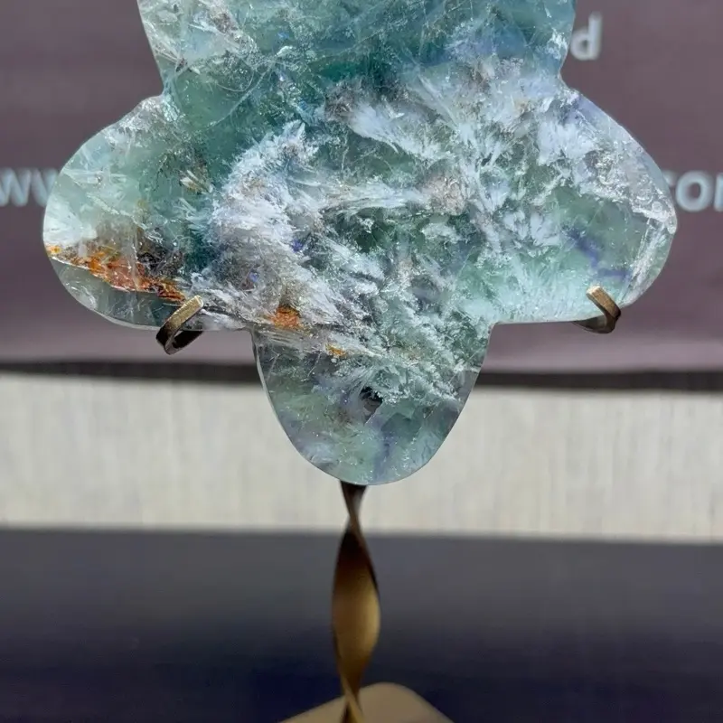 Green Feather Fluorite Flower Carving with Stand, Quality Craftsmanship Semiprecious Stone Jewelry Accessory