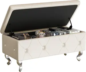 AWQM Upholstered Storage Ottoman, Luxury 37.4" Storage Bench with Button Tufting and Safety Hinge, Flip Top Footrest - Pink/Grey Boxes Organiser