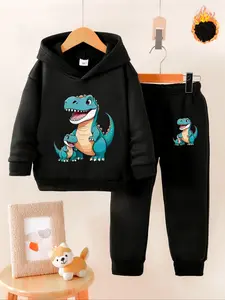 Boys' Fall & Winter Fleece Set, Dinosaur Cartoon Print Hoodie & Jogger Pants Two-Piece, Casual Warm Kids Clothing Gift Idea