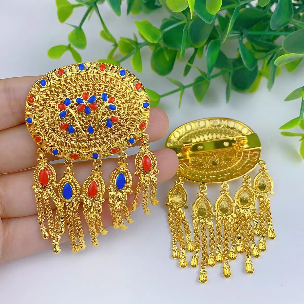 New Tassel Brooch Turkish Dubai Red Blue Crystal Brooch Pin 24K Gold Plated Ethnic Wedding Jewelry Luxury Bijoux Women