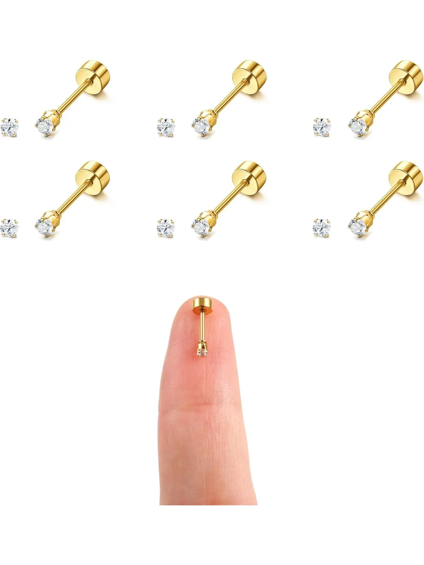 6 Pair 2mm Tiny Gold Studs Earrings for Women Men Teens Surgical Steel Cartilage Flat Back Stud Earrings Hypoallergenic Comfy Screw Back Earrings CZ Ball Small Stud Earrings Set Jewelry