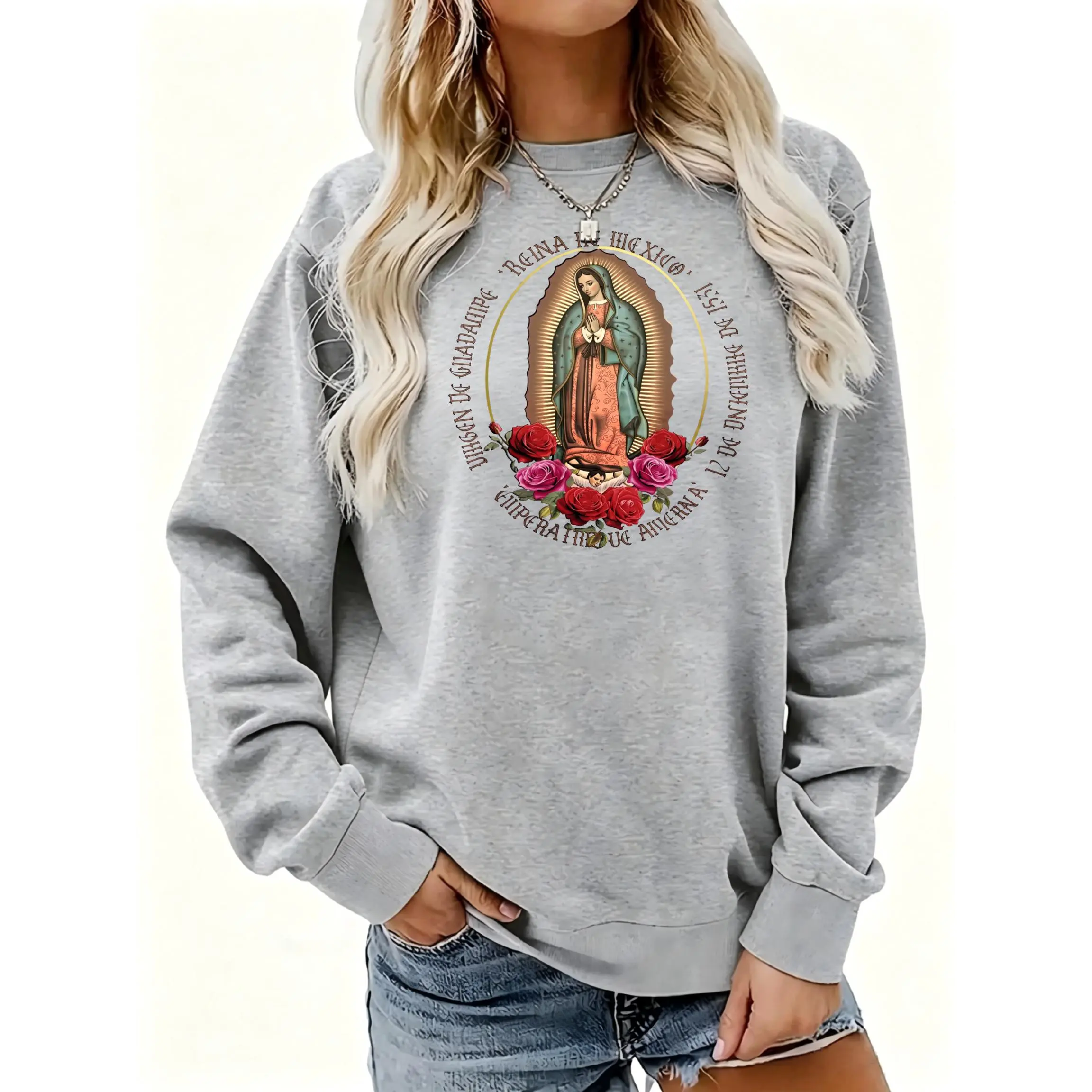 Women's Virgin Mary Floral Religious Print Crewneck Sweatshirt | Soft Stretchy Long Sleeve Pullover | Cozy Fall Layering Essential For Casual Daily, Office & Streetwear Looks