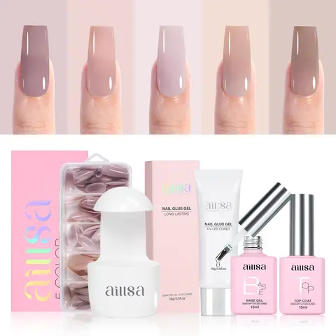 Aillsa Middle Mixed Press-On Nail Sets Kit (5-Pack Pre-Colored), Nail Care Supplies with 15g Solid Gel Glue, Mini UV Light, 15ml Base-Top Coat, Easy-to-Wear Spring-Summer Manicure Gifts for Women