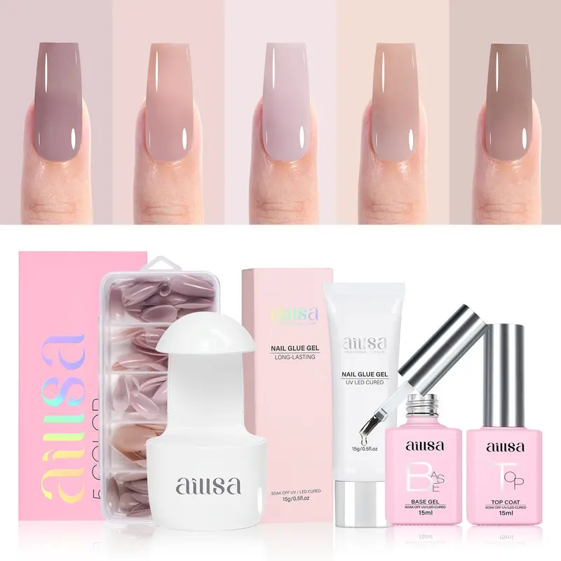 Aillsa Middle Mixed Press-On Nail Sets Kit (5-Pack Pre-Colored), Nail Care Supplies with 15g Solid Gel Glue, Mini UV Light, 15ml Base-Top Coat, Easy-to-Wear Spring-Summer Manicure Gifts for Women