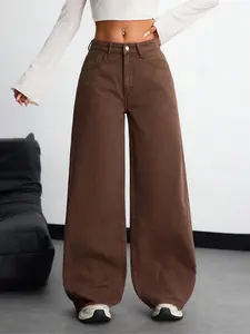 Women's Casual High Waist 100% Cotton Jeans, Baggy Wide Leg Pants, Loose Fit Style, All Seasons Denim, Moderate Fabric Thickness, Comfortable Women's Clothing