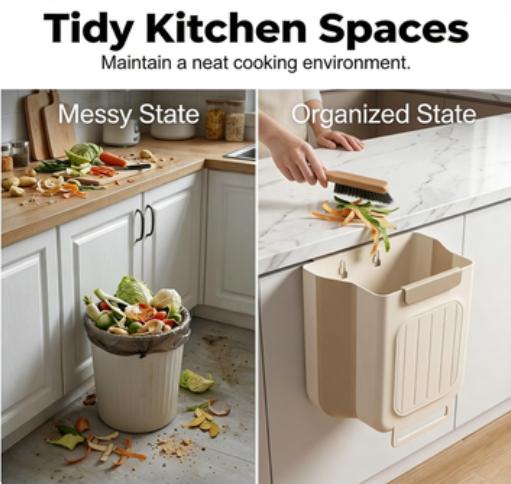 Foldable Kitchen Trash Can – Space-Saving Hanging Garbage Organizer, 1 Count, White/Gray, 27.5x25x4cm, Durable PP Material, Easy Install, Versatile Use for Home & Travel