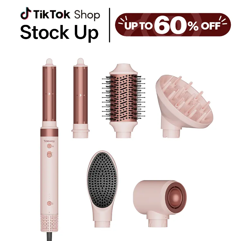 Tideway Prowaver 6-in-1 Ionic Hot Air Styler Wrap - Hair Styling Tool with Auto-Wrap Curlers, Blow Dryer Brush, Thermal Blowout Brush, Dual Voltage (100-240V) Global Appliance, Travel Bag, Frizz-Fighting for Frizzy Hair, Curling & Volume Boost