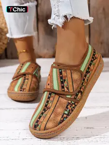 Vortread Easy-On Hook & Loop Ethnic Flats, Comfy Women's Bohemian Pattern Loafers with Rainbow Sole Detail