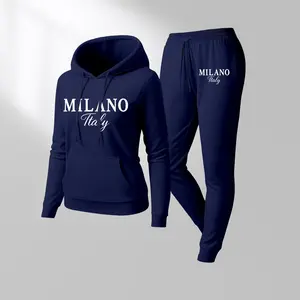 Women's MILANO Print Hoodie & Jogger Set, Long Sleeve Hooded Sweatshirt + Drawstring Pants, Fall/Winter Casual Sportswear, Comfortable Streetwear Tracksuit for Indoor & Outdoor