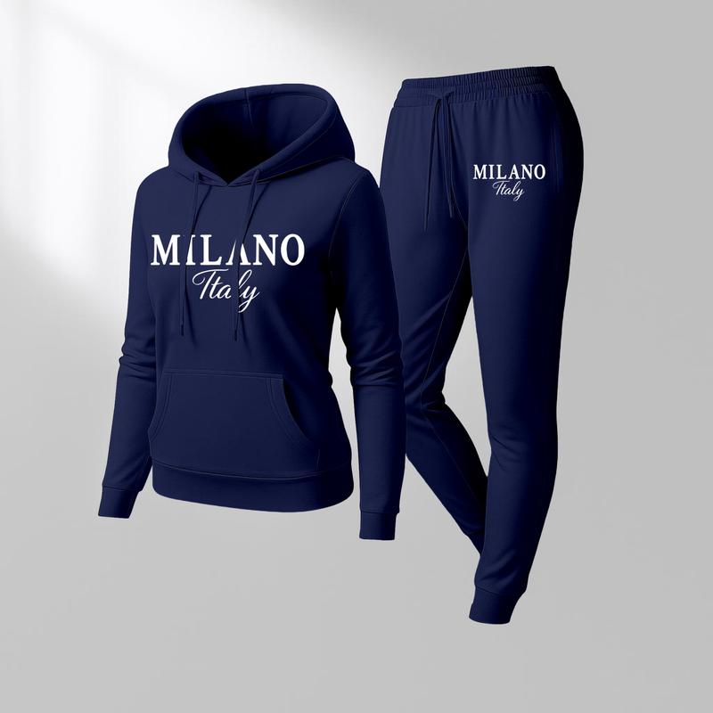 Women's MILANO Print Hoodie And Drawstring Track Pants Set, Casual Sportswear, Long-Sleeved Hooded Jacket And Pants, Suitable For Autumn And Winter, Everyday Wear, Indoor And Outdoor Sportswear, Casual Sportswear.