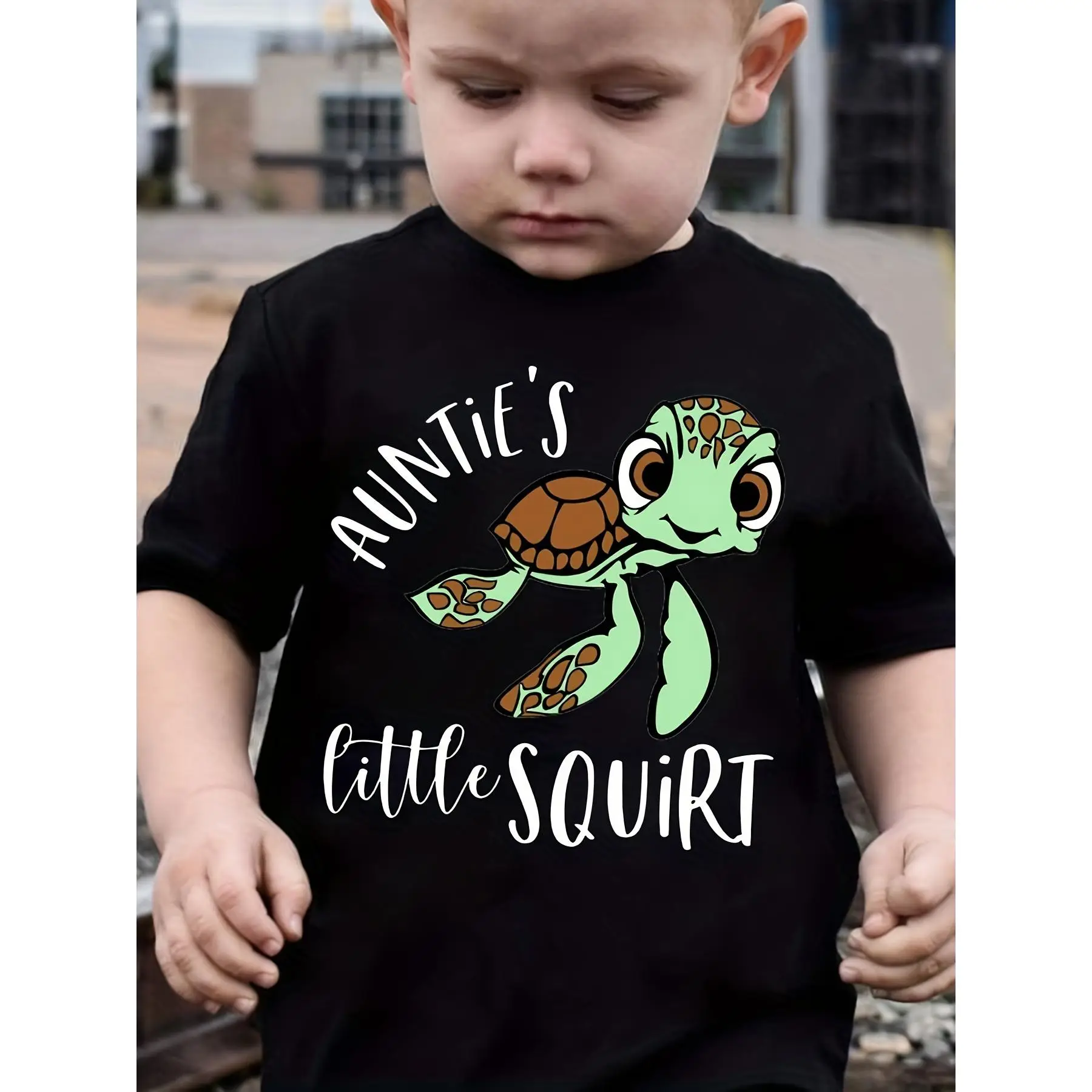 Boys' "Auntie's Little Squirt" Turtle Graphic T-Shirt - Comfortable Cotton, Casual Round Neck, Short Sleeve, Ideal for Outdoor Activities, Outdoor You