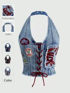 Women's Vintage Patch Drawstring Halter Light Wash Denim Waist Cincher Top, Sleeveless Slim Fit Y2K Street Style Pullover