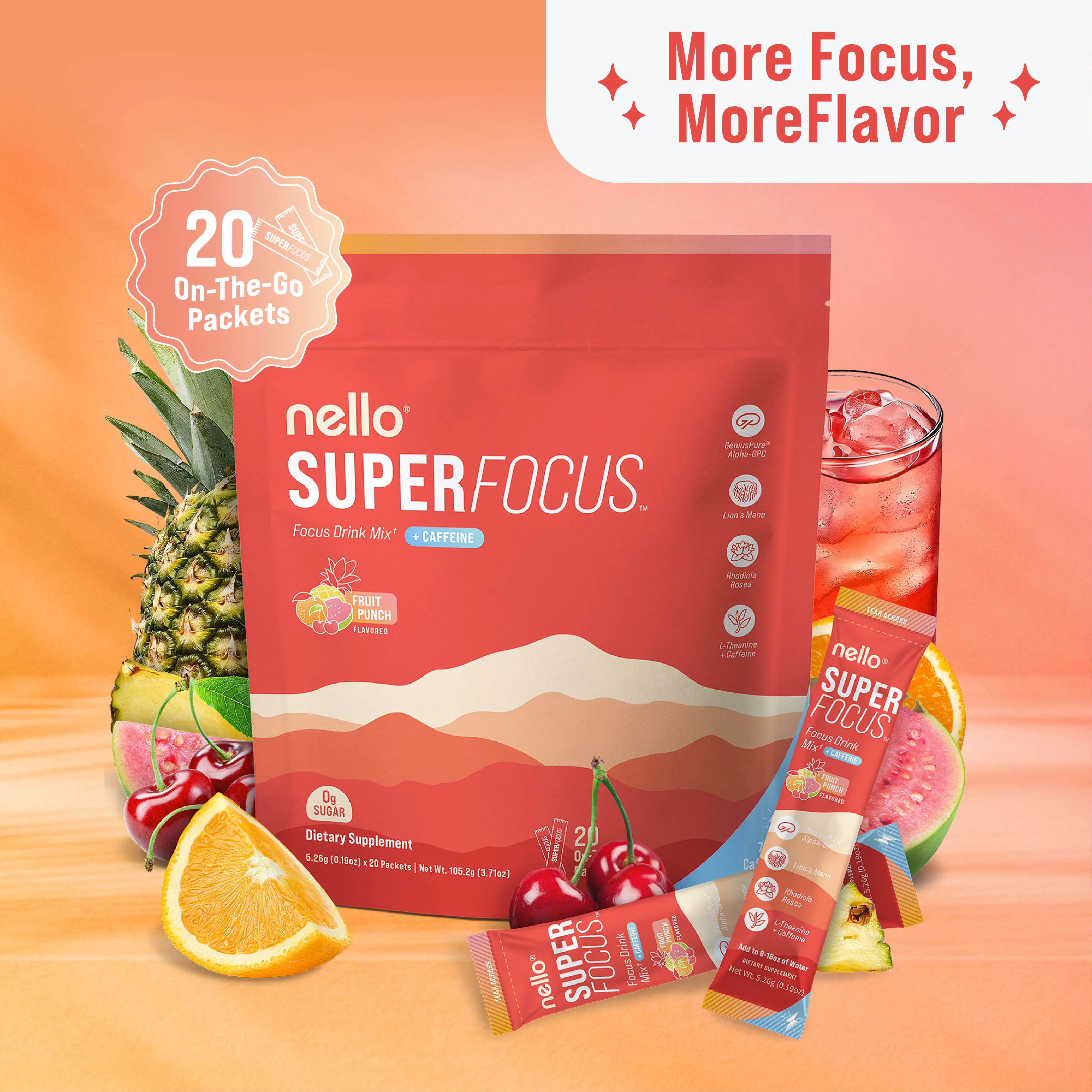 Nello Superfocus – Nootropic Drink Mix with Lion’s Mane, Rhodiola & Alpha-GPC – Supports Memory, Brain Health & Mental Stamina, Enhances Clarity & Sharpness, Helps Fight Brain Fog – Travel Packets (20 Servings) Healthcare Convenient