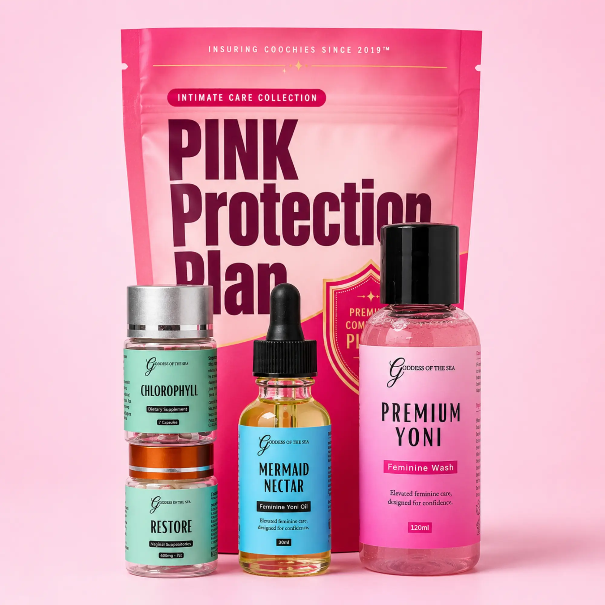 Feminine Hygiene Discovery Set - 4oz Intimate Wash, 1fl oz Mermaid Yoni Oil, 7 Boric Acid, 7ct Chlorophyll, Pink Protection Plan