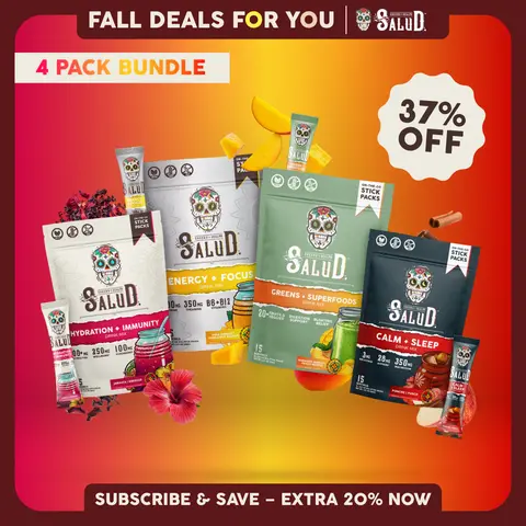 Salud 2-in-1 [All-In-One Bundle] Agua Fresca Drink Mix, Energy + Focus, Hydration + Immunity, Greens + Superfoods & Calm + Sleep, Organic Caffeine, Electrolytes, Probiotics, Melatonin, Non-GMO, Vegan (4-Pack, 60 Servings)