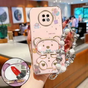 Redmi Note 9T Fashion Series Pearl Strap Lanyard Phone Holder Case For Compatible With Xiaomi Redmi Note 9T Plating Cover and Impact Resistant Dreamy Balloon Paradise Toy Bear Protector Cases