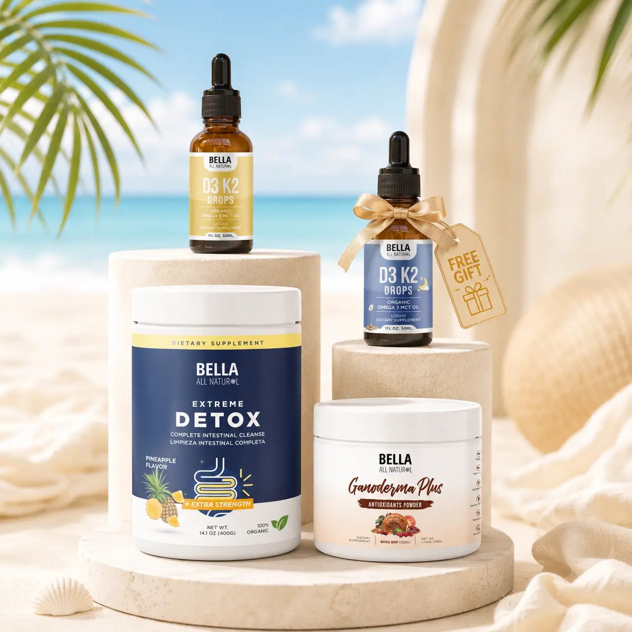 Bella All Natural Sun Reset Bundle: Extreme Detox Flavor Choice + Ganoderma Plus + D3 K2 Day Drops + Free D3 K2 Night Drops