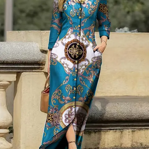 Women's Button Front Pocket Shirt Dress, Boho Long Sleeve Collared Long Dress for Beach Holiday Vacation, Ladies Clothes for All Seasons