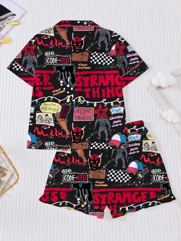 Stranger Things Kids Pajama Set, Cartoon Print Short Sleeves & Loose Fit Shorts, Casual Home Wear for Boys Girls