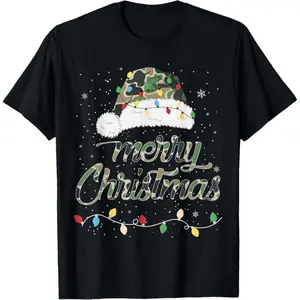 Plus Size Christmas T-Shirt, Unisex Vintage Camo Santa Graphic, Loose Fit Cotton Short Sleeve Round Neck Casual Top