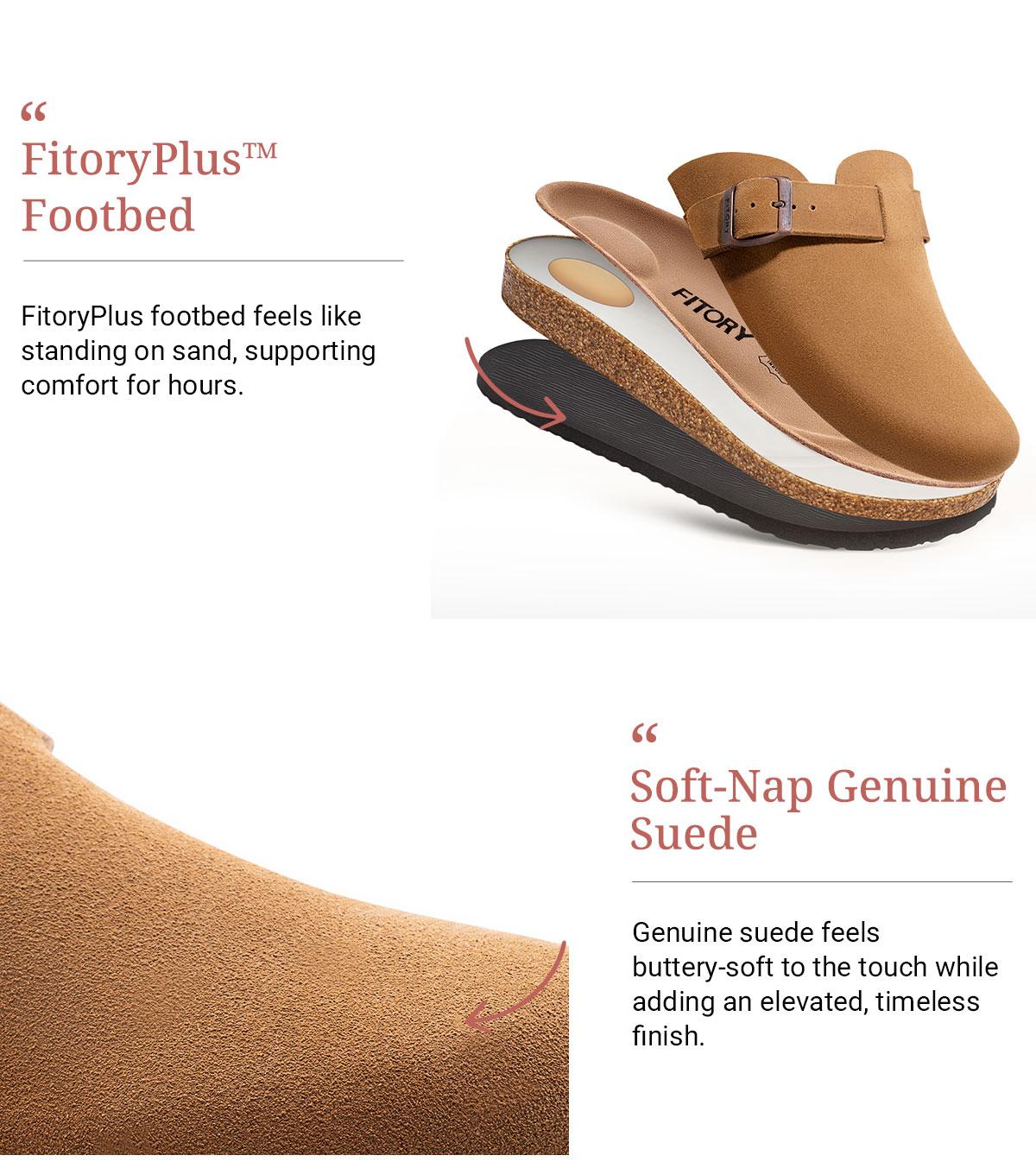 FITORY Breathe I | Men’s Suede Leather Clogs, Cork Footbed, Adjustable Strap, Round-Toe (US 7–14)【Check Measurements Carefully】