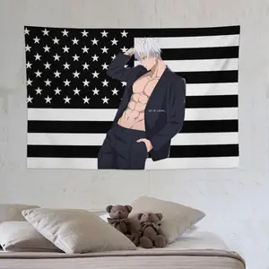 Jujutsu Kaisen Gojo Satoru Print Light Peach Anime Art Light Durable Decorative Tapestry, 40x30in (102x76cm) Black Flag Background Wall Decor, Hand Washable Home Accent for Bedside, Ideal Gift for Boyfriends