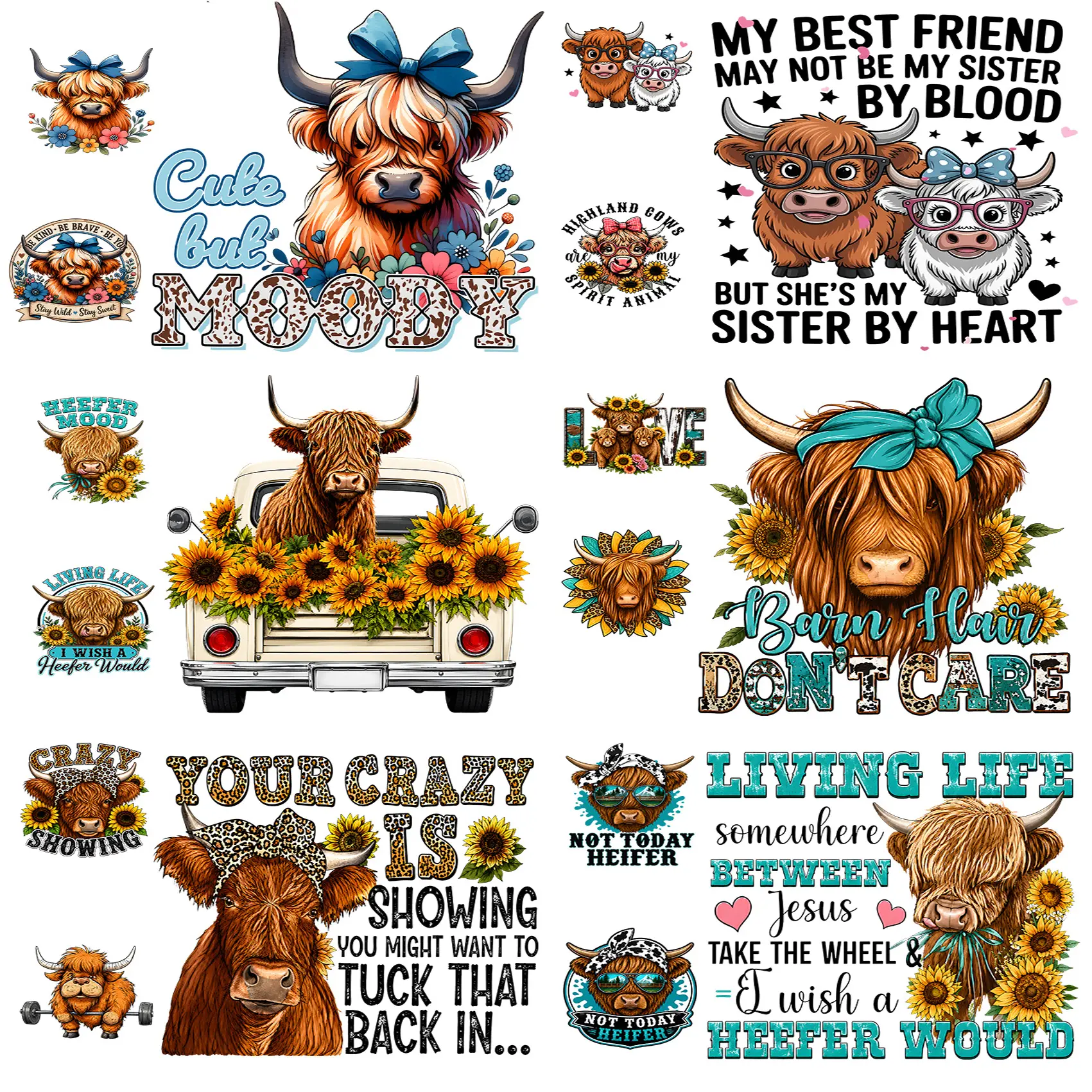 6 Sets Highland Cow Iron-On Transfer Stickers, Western Farmhouse Craft Embellishments, 42x45cm Back & 15x14cm Chest-Sleeve T-Shirt Decals, TikTok FYP