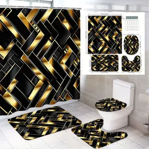 1/4pcs Luxury Black Gold Geometric Bathroom Set 4 Piece - Shower Curtain, Toilet Seat Cover, Bath Mat, Contour Mat - Modern Opulent Design for Christmas, New Year, Housewarming, Birthday Gift Shower Curtain Sets