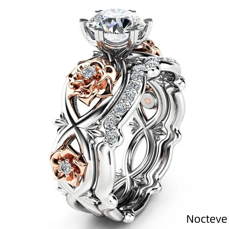 Women’s Creative Two-Piece Couple Simulated CZ Gold-Tone Base Alloy Ring Set, Romantic Daily Stack Jewelry Valentine Date & Sweet Loving Feminine Lady Holiday Gift Wear