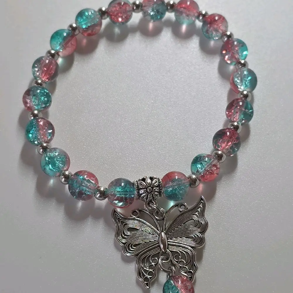 Butterfly Dangle Glass Stretch Bracelet with Colorful Beads and Detailed Butterfly Charm for Women