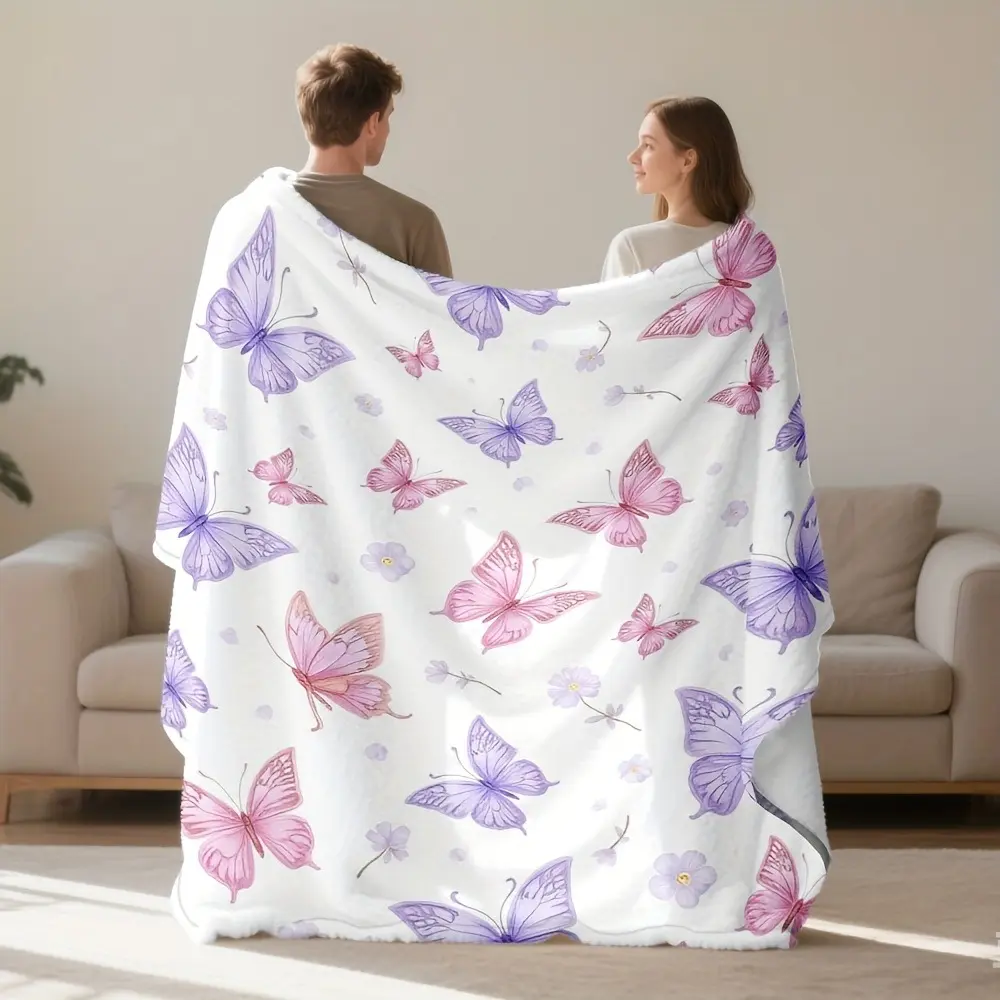 Watercolor Pink Purple Butterfly Floral Print Flannel Throw Blanket, Soft Comfy Plush Warm Fuzzy Blanket for Bedroom Sofa, Ideal Gift for Women for Birthday Holiday Home Decor, Soft Comfy Blanket