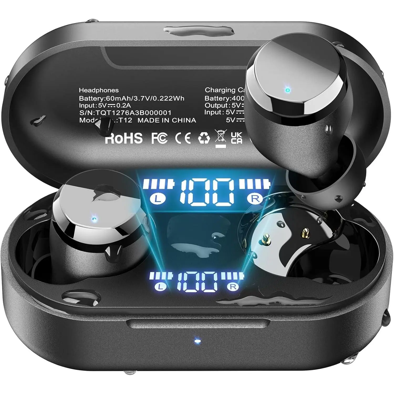 P-HPS013 T12 Portable Wireless Bluetooth 5.3 Earbuds with Audio Enhancement, ENC Noise Cancelling Mic, 55Hrs Playtime, App Customize EQ, IPX8 Waterproof, LED Digital Display, Charging Support, Virtual Sound, Volume Control Headset