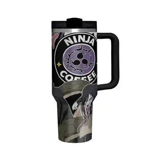 1 x 20 oz stainless steel travel mug with 2D anime-style print featuring ninja and coffee design, black handle, and lid, durable and portable for on-the-go use.