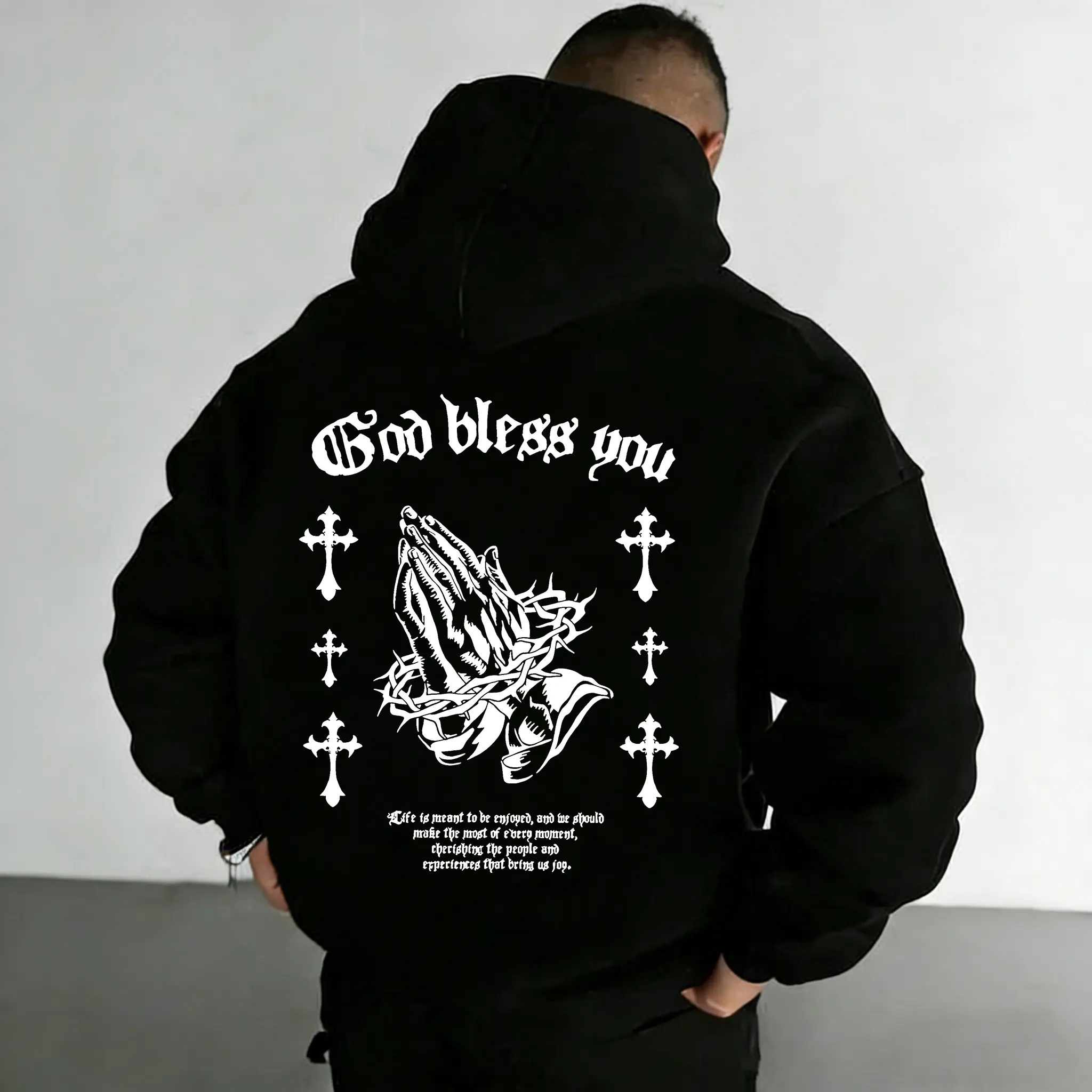 Men's Cross & Prayer Hands Print Hoodie, Regular Fit Casual Religious Style Long Sleeve Hooded Sweatshirt for Daily Wear, Men's Clothes for All Seasons, Tops, Letter Print Hoodie, Gothic Rock Hoodie