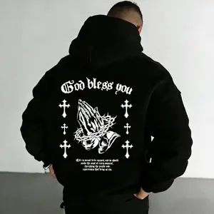Men's Cross & Prayer Hands Print Hoodie, Regular Fit Casual Religious Style Long Sleeve Hooded Sweatshirt for Daily Wear, Men's Clothes for All Seasons, Tops, Letter Print Hoodie, Gothic Rock Hoodie