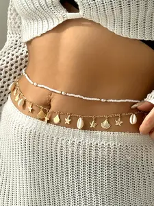 2 Pcs Boho Style Waist Chain, Summer Beach Vacation Theme, Starfish Shell Conch Bead Double Layer, All Seasons Fashion Accessory