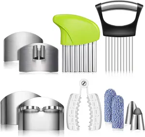 11 Packs Finger Guard Set for Cutting Include 4 Stainless Steel Knife Cutting Protector 2 Thumb Guard Protector 2 Finger Cots Potato Butter Lettuce Crinkle Cutter Onion Holder Slicer Mandoline Slicer