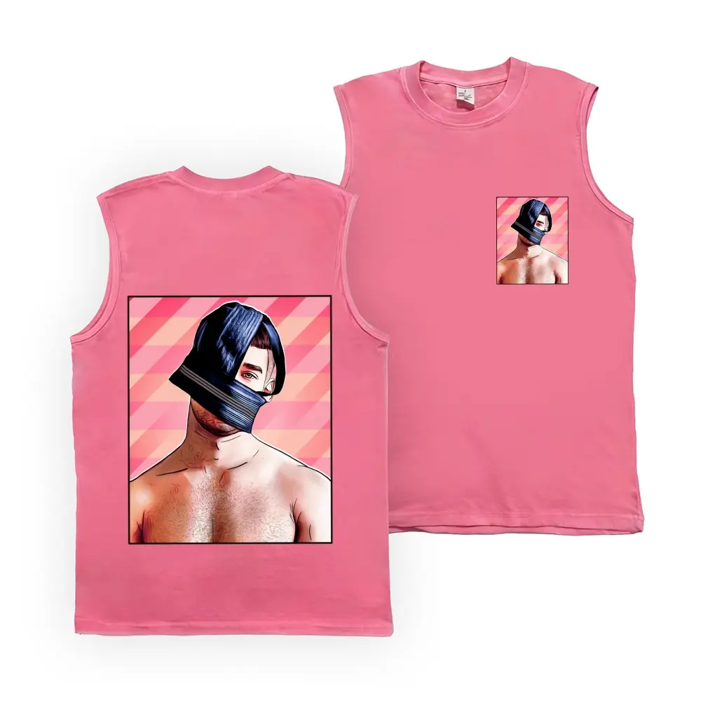 Men's Pink Sleeveless Tank Top, Abstract Queer Portrait Graphic Muscle Shirt, LGBTQ Pride Streetwear Crewneck Vest, Bold Art Print Casual Summer Top