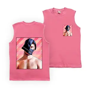 Men's Pink Sleeveless Tank Top, Abstract Queer Portrait Graphic Muscle Shirt, LGBTQ Pride Streetwear Crewneck Vest, Bold Art Print Casual Summer Top