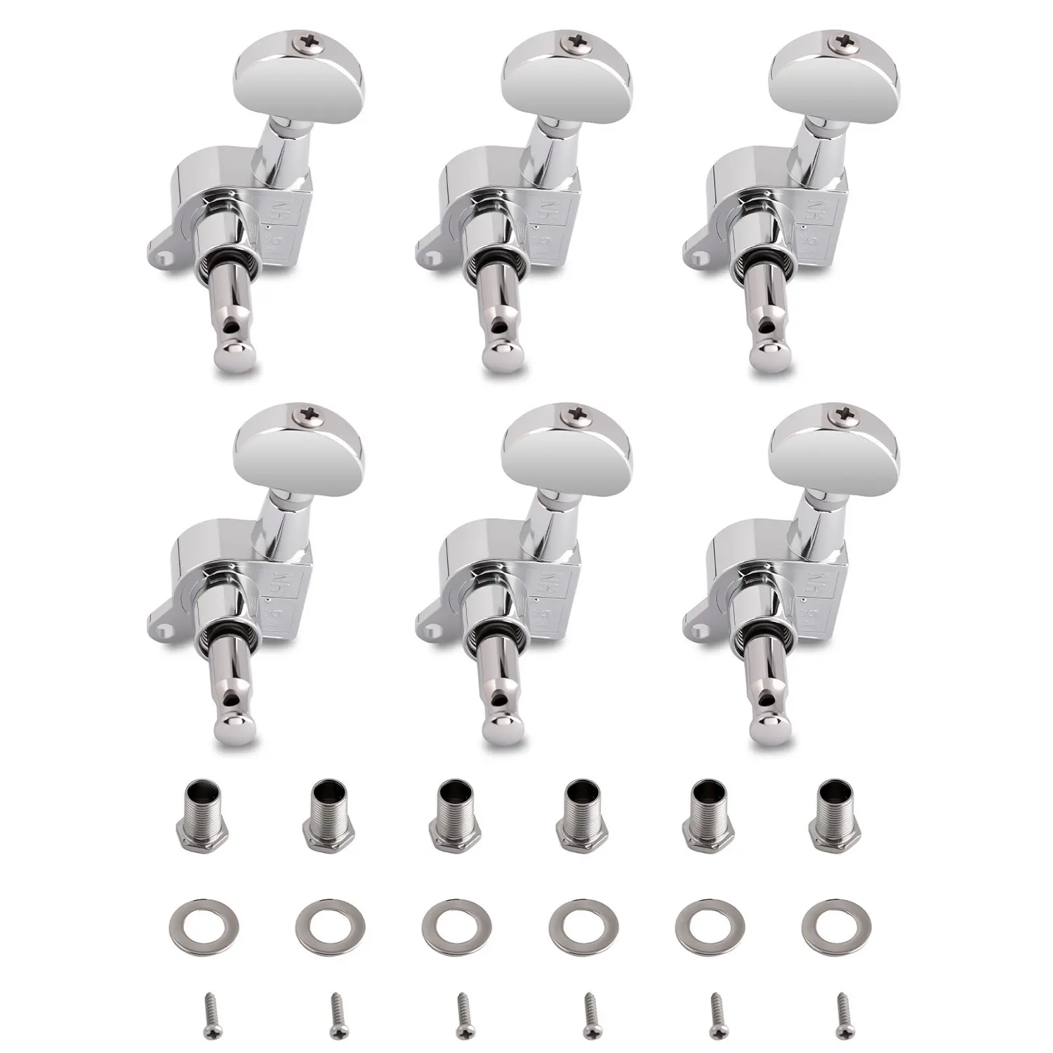 Metallor All-Metal Peg Set Kit - 1 Set Guitar Tuning Pegs Machine Heads, Metal Alloy Gear (1:14 Ratio), 45-Degree Mounting Screws, 6 Pcs Ferrule, 6 Pcs Washer, 10mm Holes for Chrome Electric Guitars