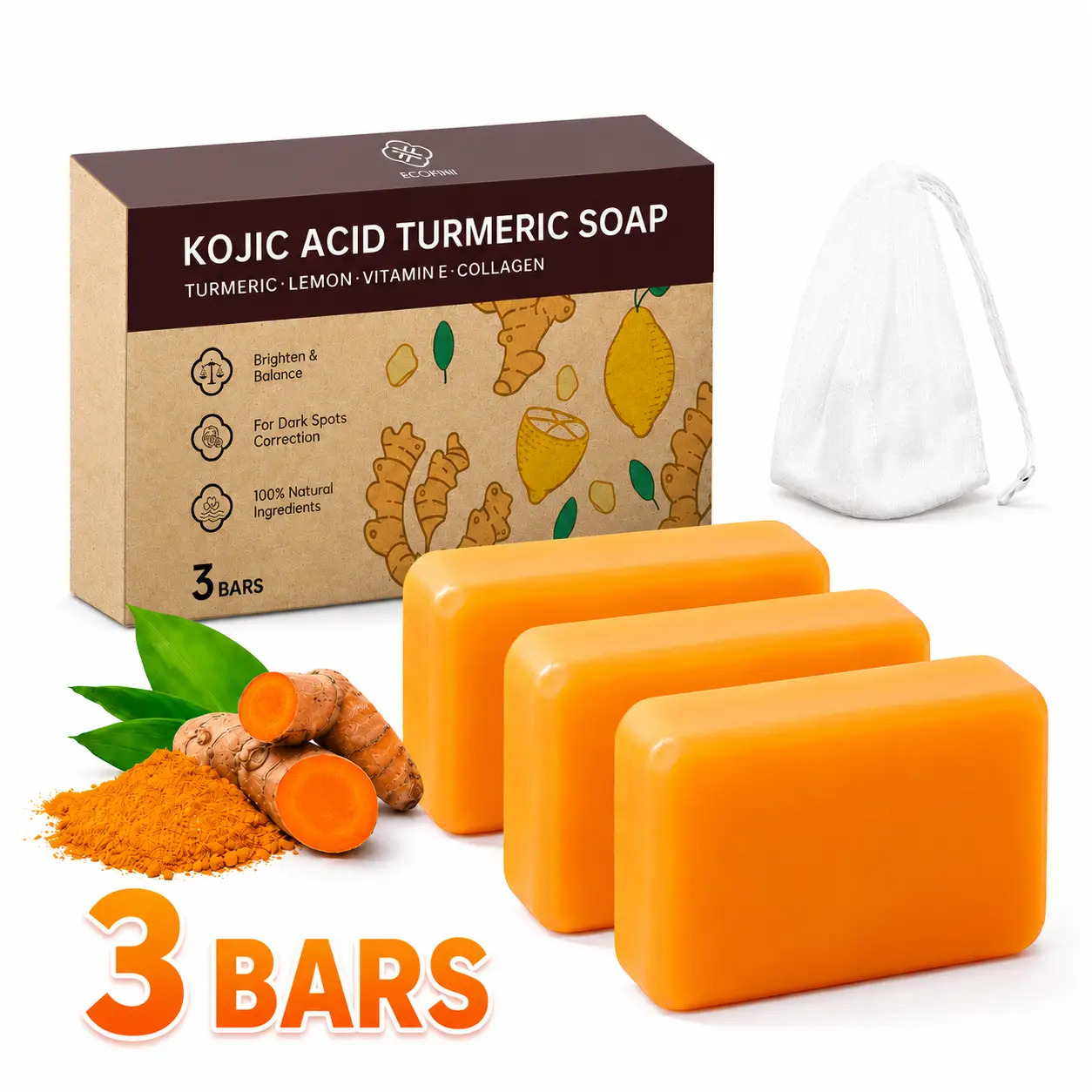 3 Bars Lemon Turmeric Kojic Acid Soap Bar – For Dark Spots, Face & Body Cleansing, Moisturizing with Collagen & Vitamin E – 100% Natural Extracts, Gentle for All Skin Types