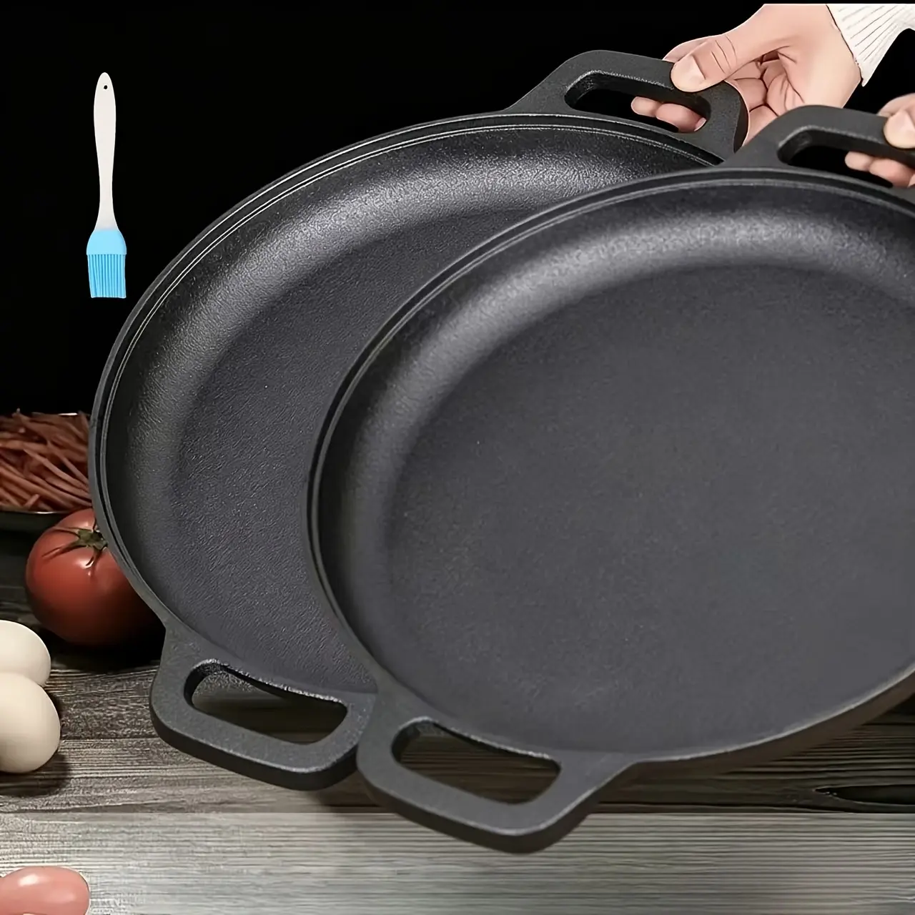 1/2/3pcs Cast Iron Pan, Pre Seasoned, Multifunctional, Non-Stick, for Pizza Lovers, for Home Kitchens, Outdoor Cooking, Durable, Even-Heating, Versatile, Compatible with All Stoves, Perfect for Home Kitchens And Outdoor Cooking
