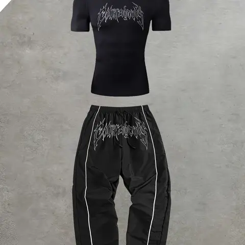 Men's Sportswear Set, High Elasticity Round Neck Short Sleeves & Tight-Fitting Pants, Casual Street Style, Suitable for All Seasons