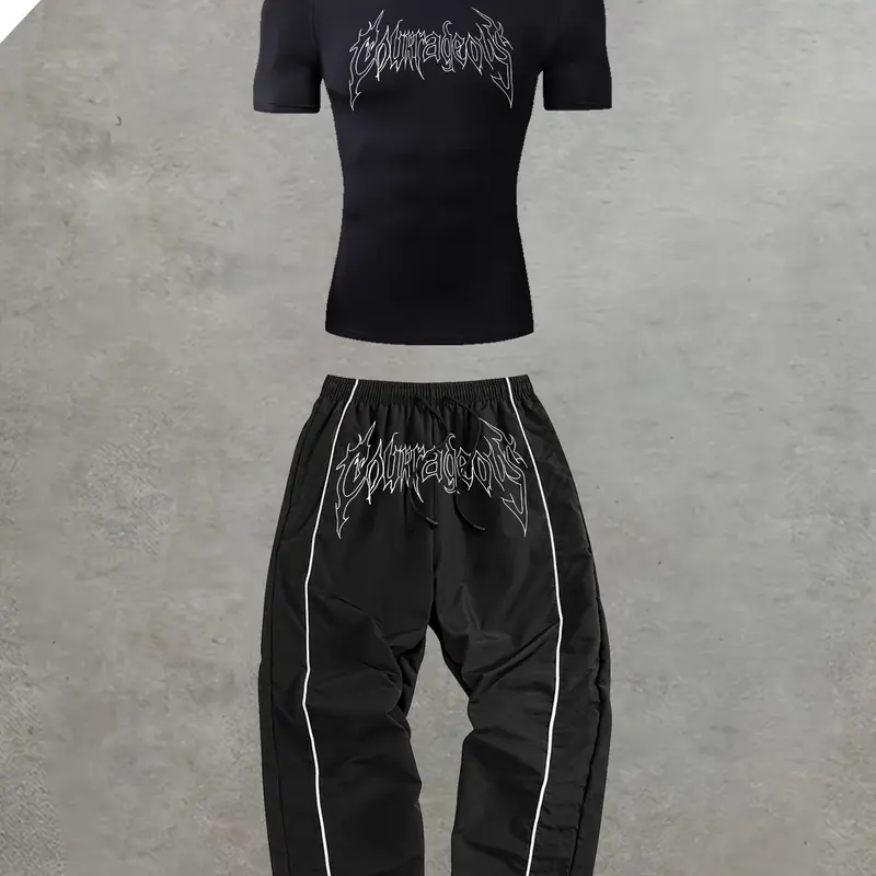 Men's Sportswear Set, High Elasticity Round Neck Short Sleeves & Tight-Fitting Pants, Casual Street Style, Suitable for All Seasons